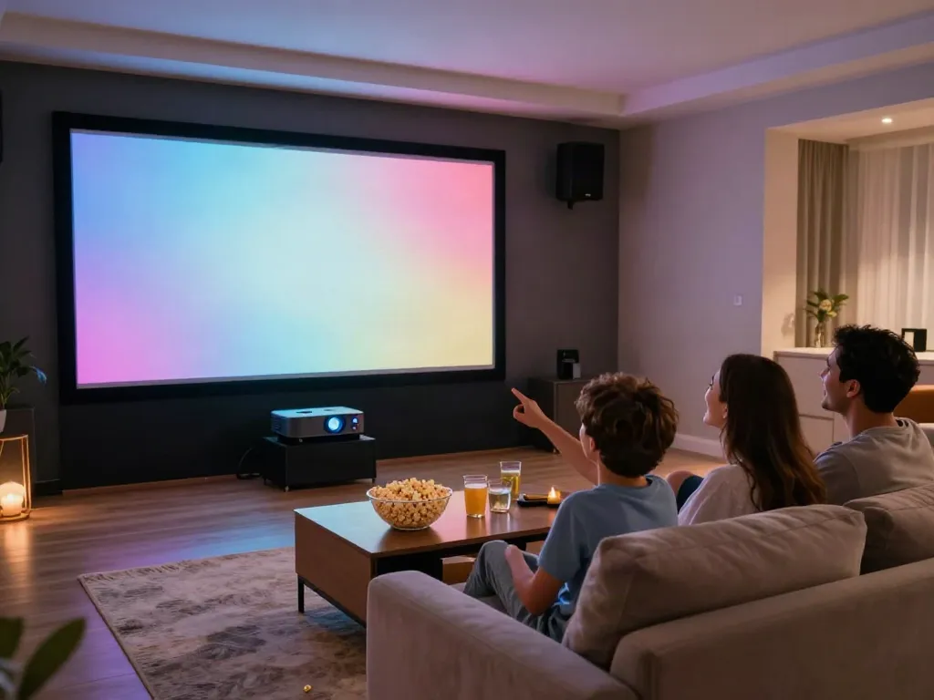 Expérience cinématographique avec l'application atlas pro ontv dans un salon confortable.
